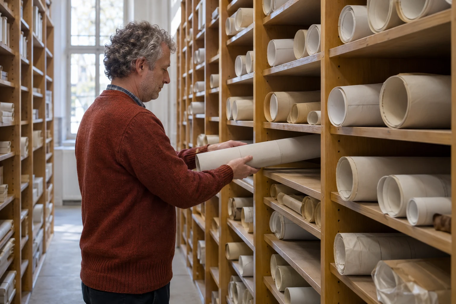 Mann mit grauen Locken und rostfarbenem Pullover nimmt eine geschlossene unbeschriftete Planrolle aus einem Holzregal in einem hellen Archivgang. KI-generierte Szene.