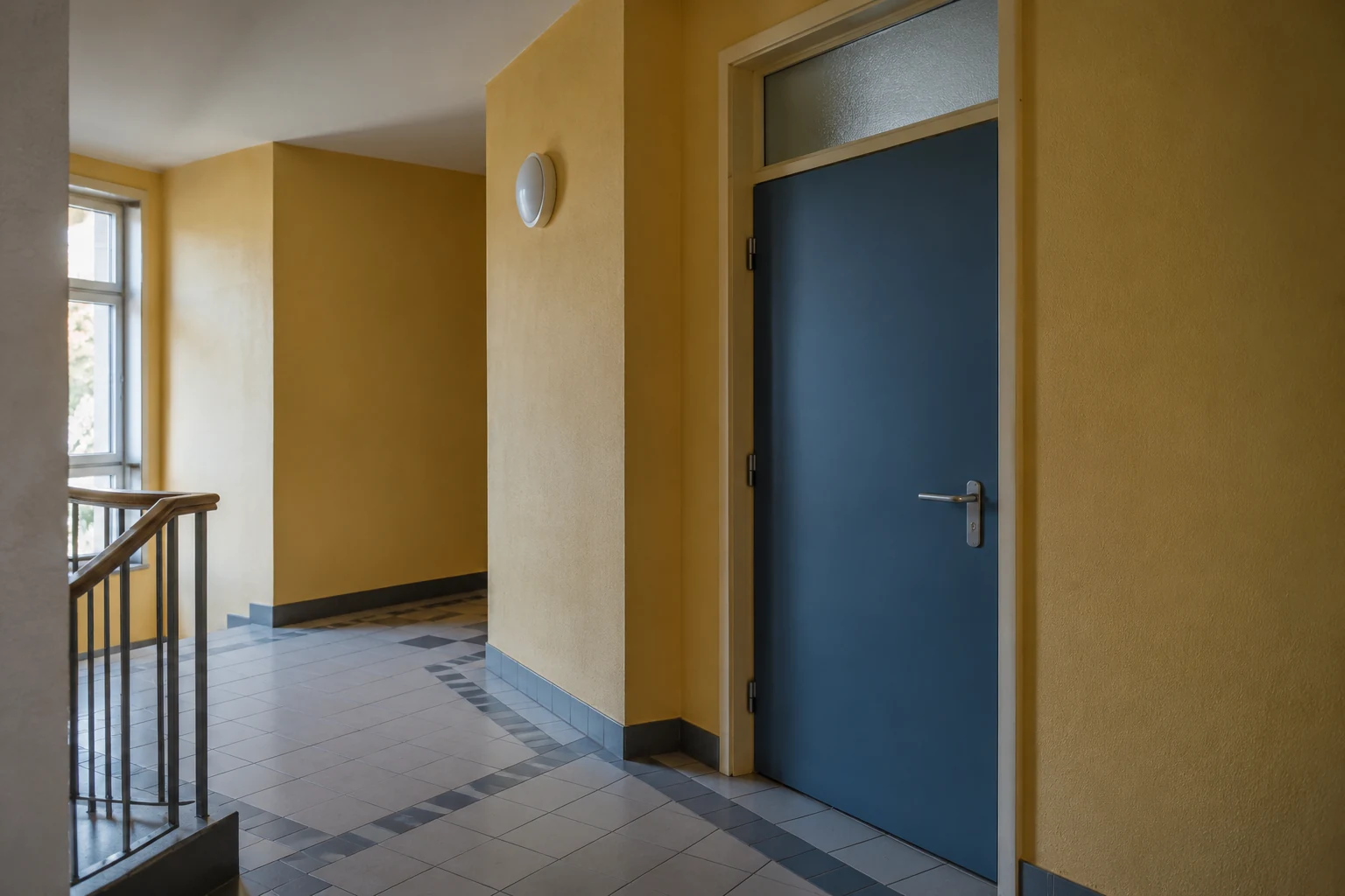 Geschlossene matte blaue Tür mit Oberlicht in einem ockerfarbenen Treppenflur mit hellen gemusterten Fliesen und seitlichem Tageslicht. KI-generierte Szene.