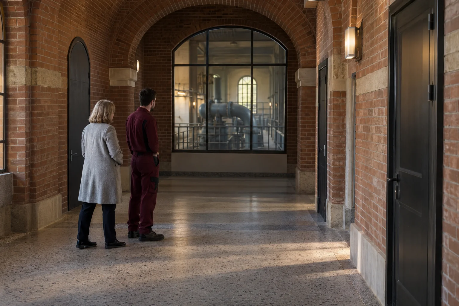 Frau in grauem Mantel und Mann in burgunderfarbener Arbeitskleidung blicken durch ein Innenfenster in eine geschlossene Rohrgalerie. KI-generierte Szene.