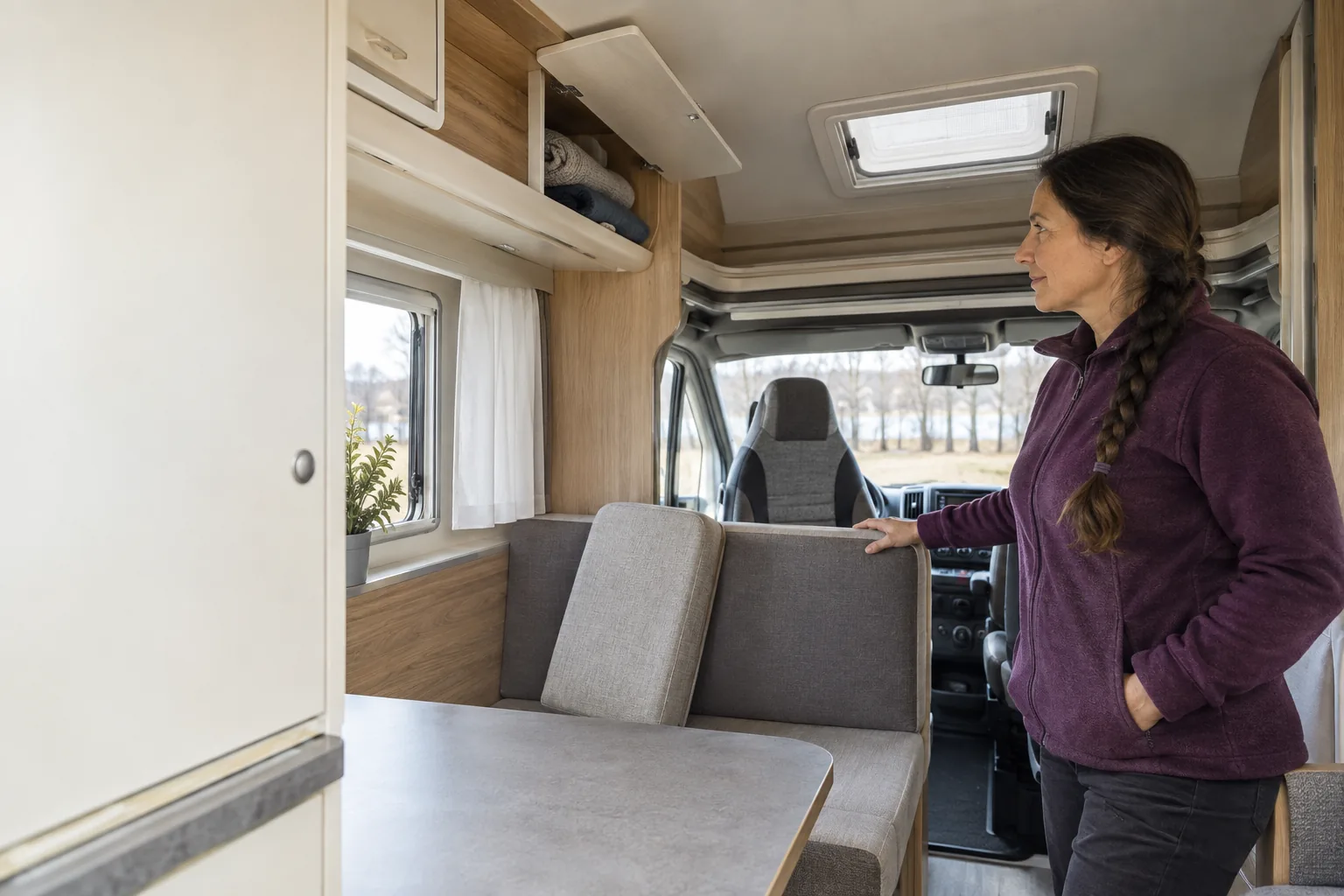 Eine Frau im violetten Fleece betrachtet die Sitzgruppe eines Wohnmobils; ein Sitzpolster ist aufgestellt und ein Oberschrank geöffnet.