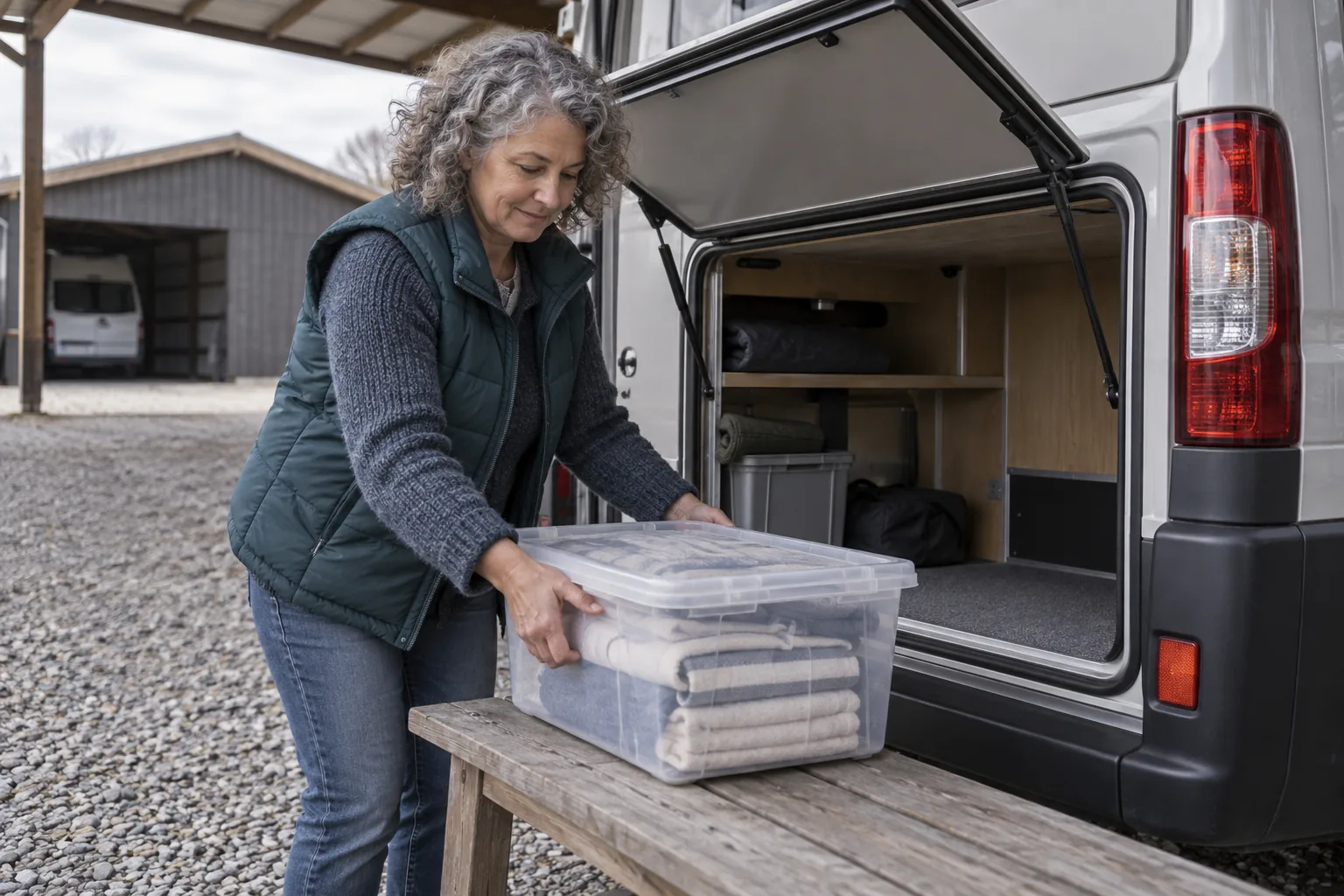 Eine Frau stellt eine geschlossene durchsichtige Box mit Textilien auf eine Bank neben der offenen Heck-Stauklappe eines abgestellten Fahrzeugs.