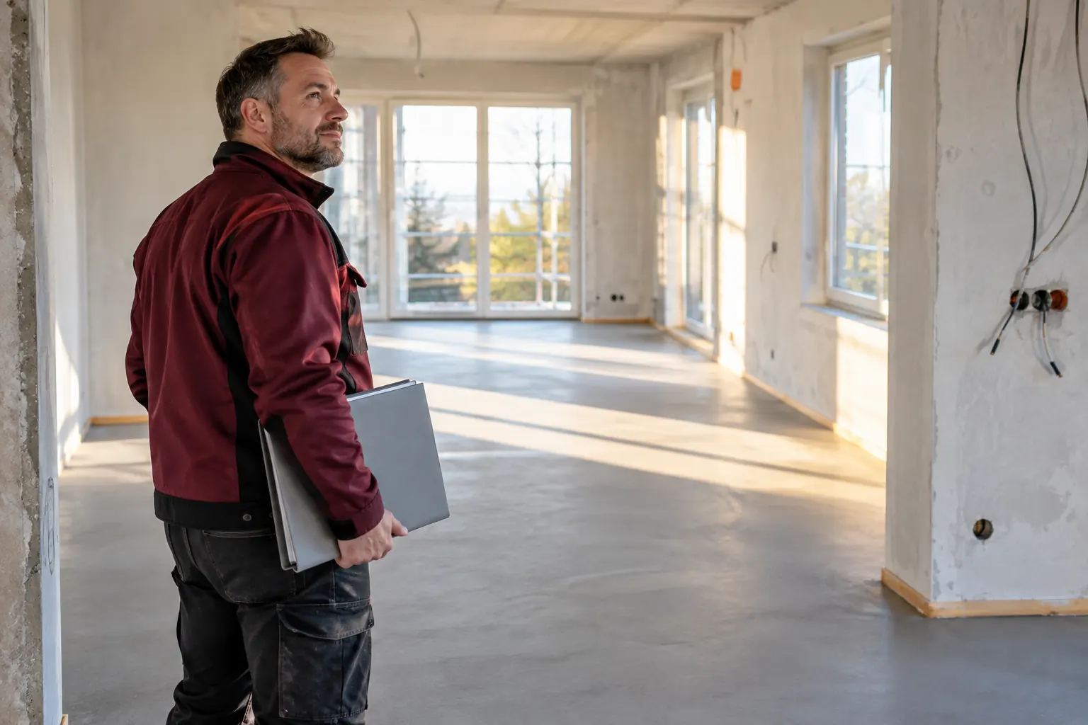 Ein Mann in burgunderroter Arbeitsjacke hält eine geschlossene graue Mappe in einem hellen unfertigen Innenraum.