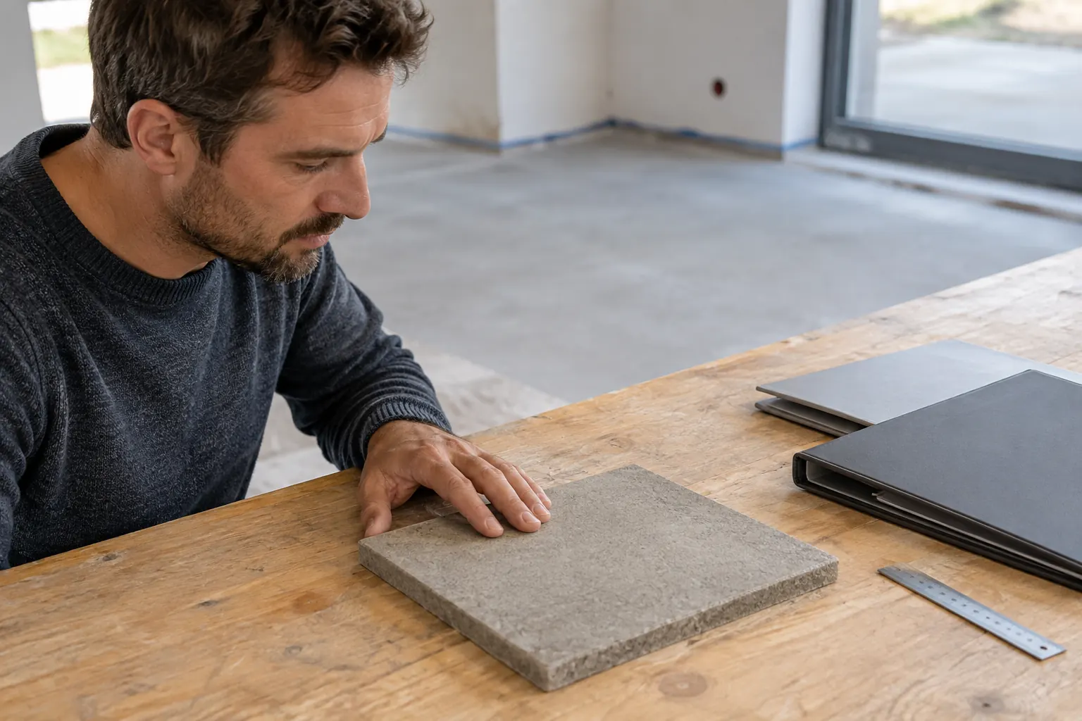 Ein Mann legt seine Hand auf ein flaches graues Muster auf einem Holztisch mit Ordner, gestapelten Platten und einem Metalllineal.