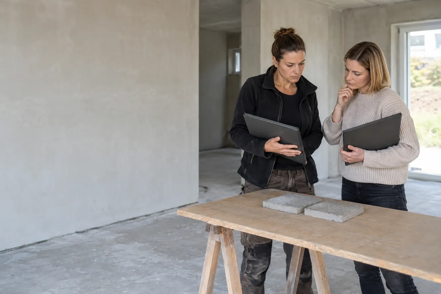 Zwei Frauen mit Mappen stehen an einem Holztisch mit flachen grauen Materialmustern in einem hellen Raum ohne fertigen Bodenbelag.