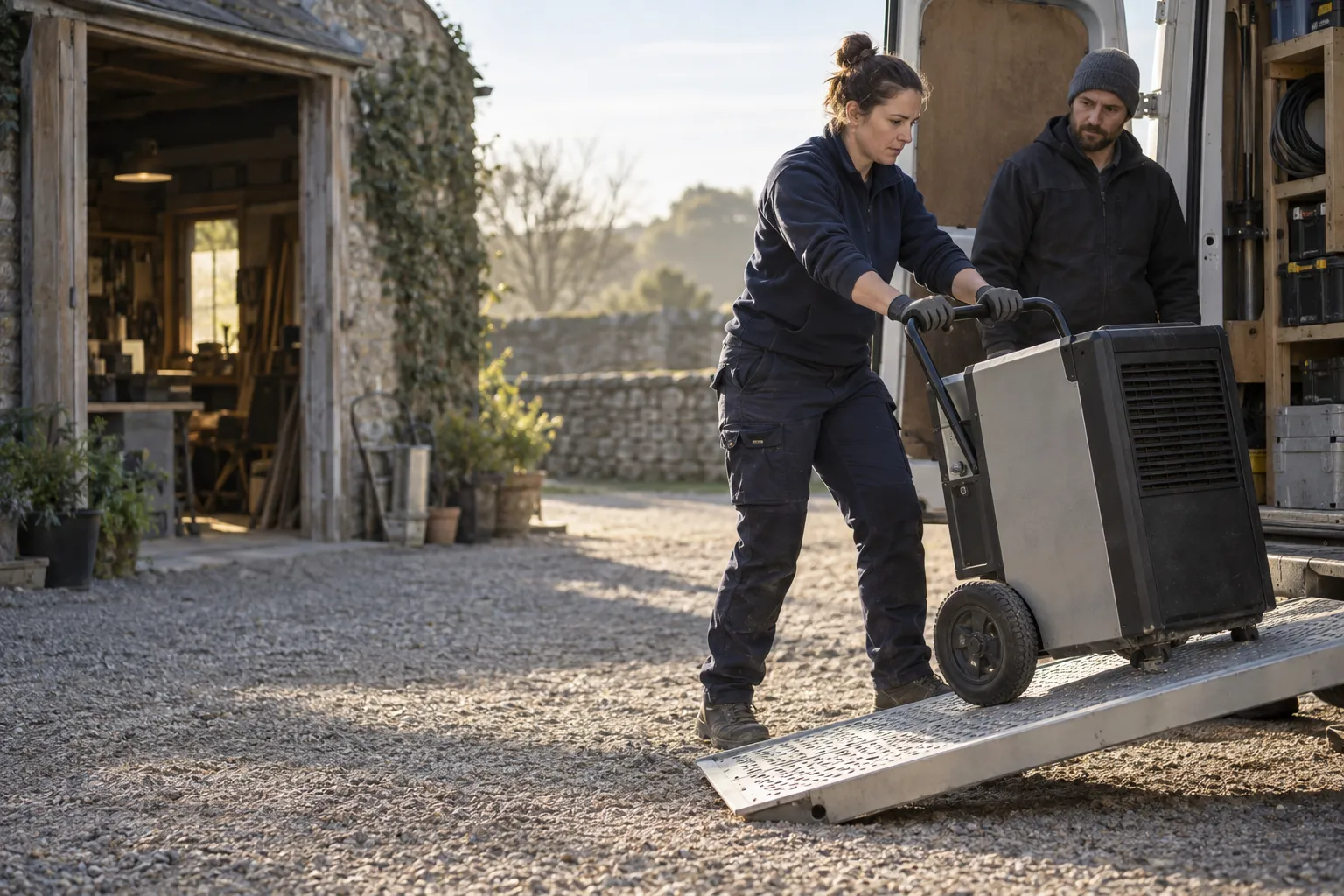 Eine Handwerkerin schiebt einen gesicherten Bautrockner über eine Laderampe zu einem Transporter.