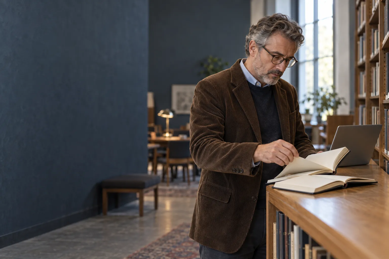 Ein Mann mit Brille und Cordjacke blättert aufmerksam in zwei geöffneten Büchern an einer Bibliotheksablage.