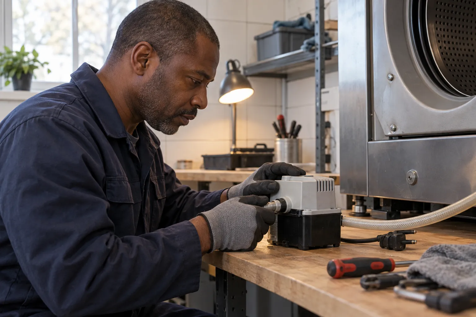 Ein Techniker kontrolliert in einer trockenen Werkstatt einen Schlauchanschluss an einer ausgeschalteten Kondensatpumpe.
