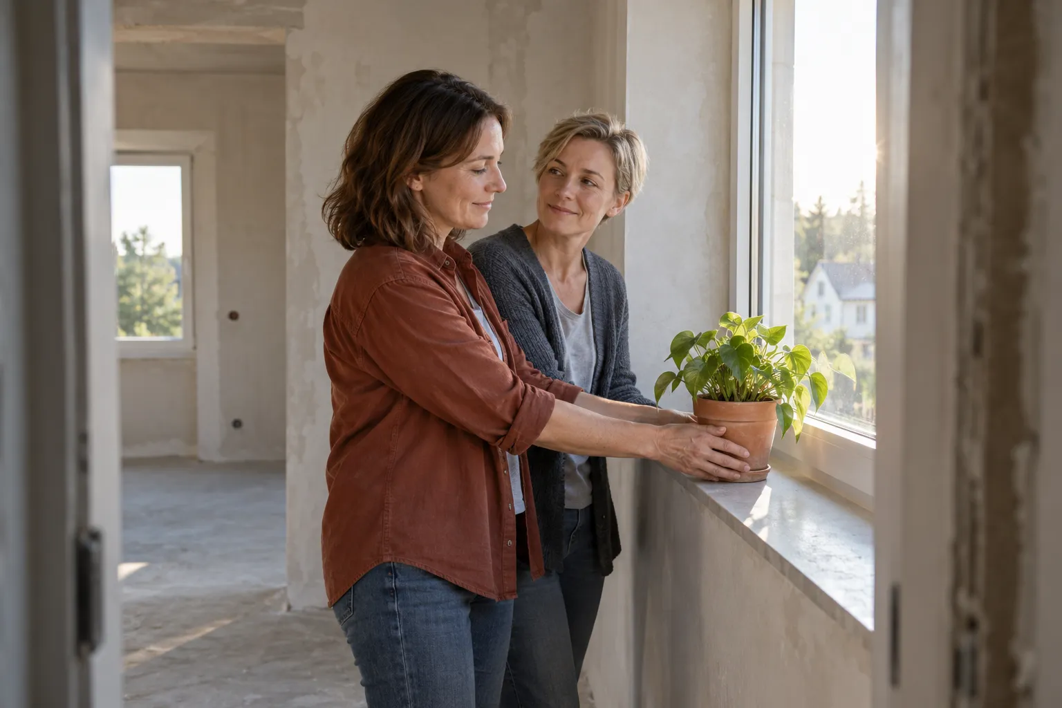 Zwei Frauen stellen eine kleine Pflanze auf die Fensterbank eines noch unfertigen Neubaus.