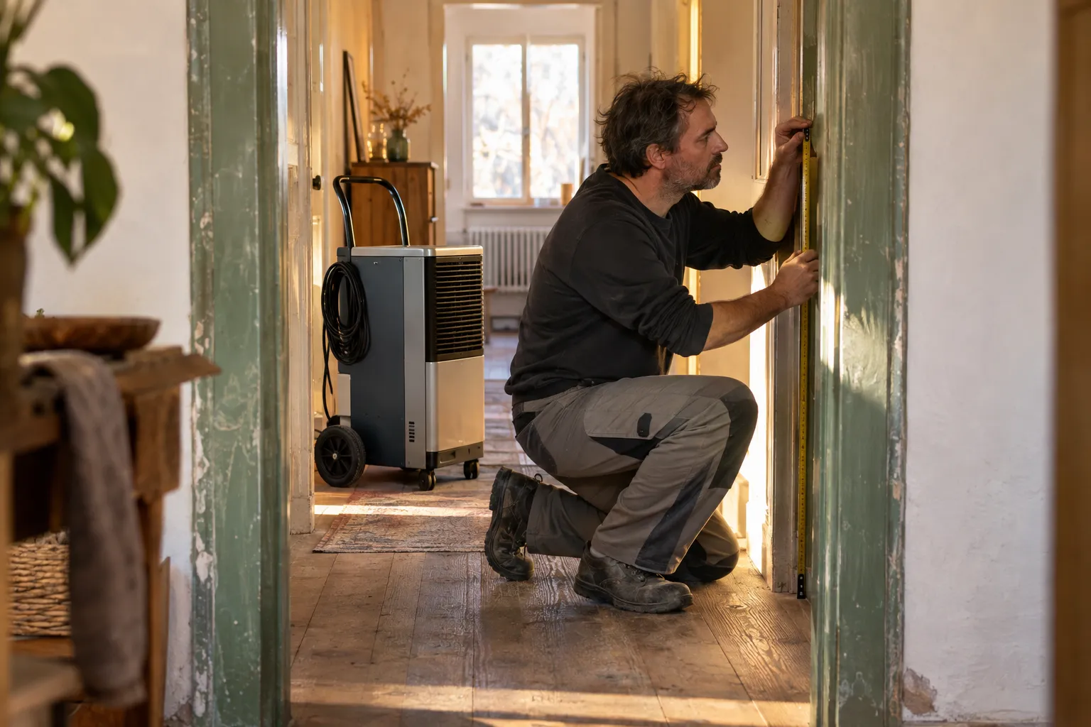 Ein Handwerker prüft mit einem Maßband einen schmalen Türrahmen; im Flur wartet ein aufrecht stehender Bautrockner.