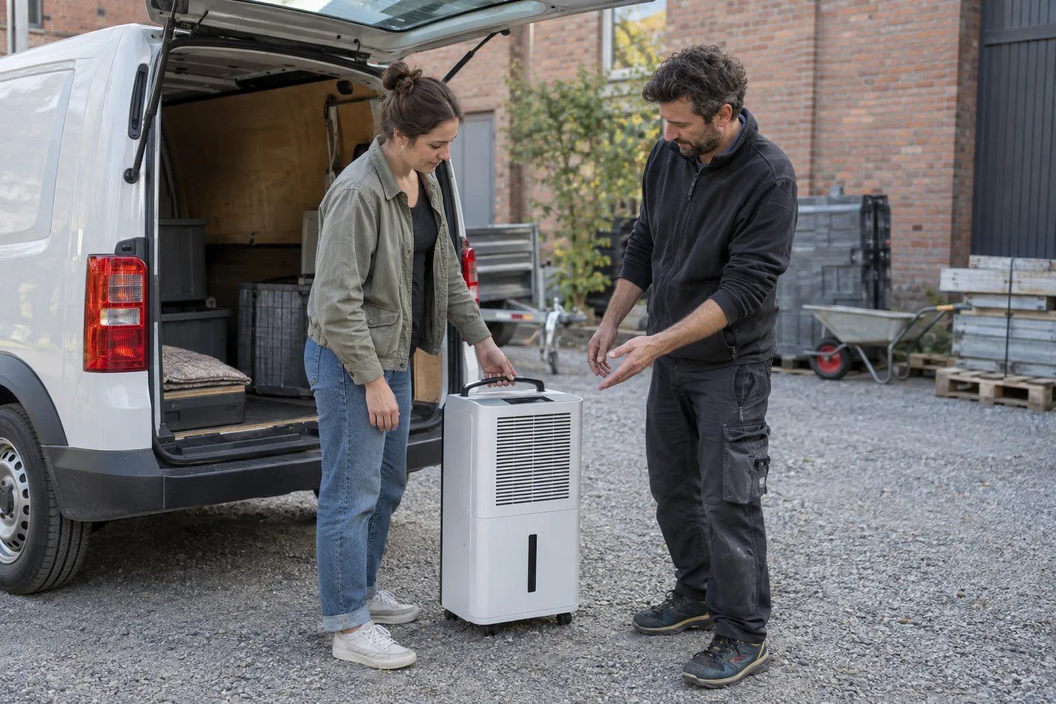 Eine Frau und ein Mann betrachten einen Entfeuchter am geöffneten Heck eines Transporters.