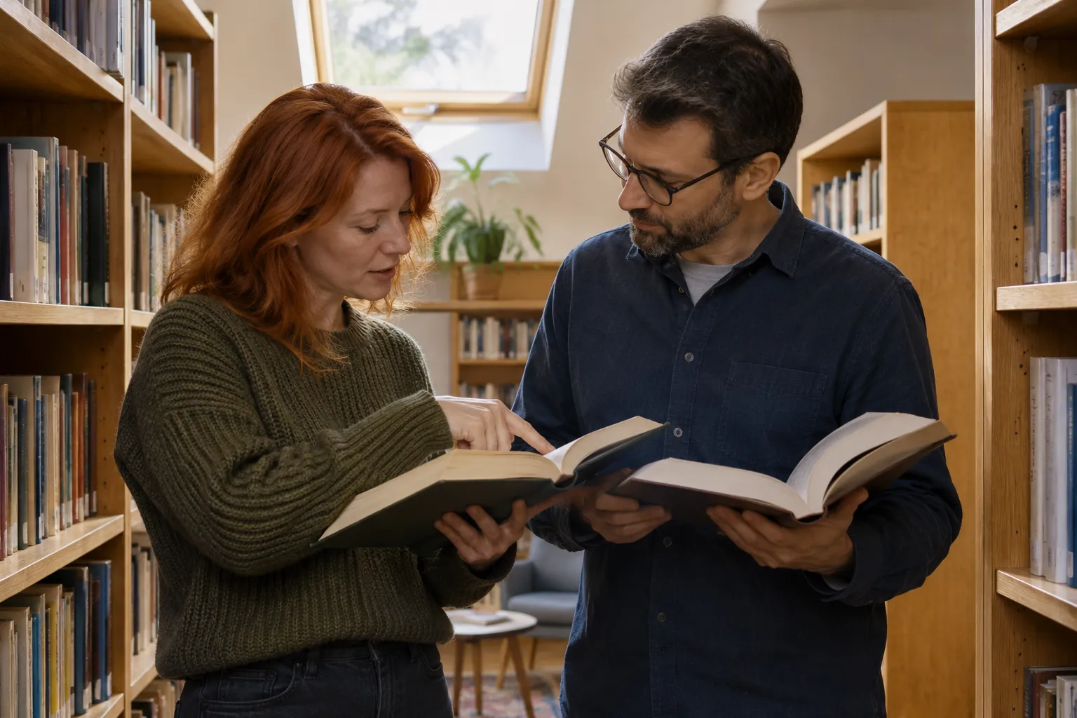 Zwei Personen vergleichen in einer Bibliothek neutrale Fachbücher ohne lesbare Beschriftung.