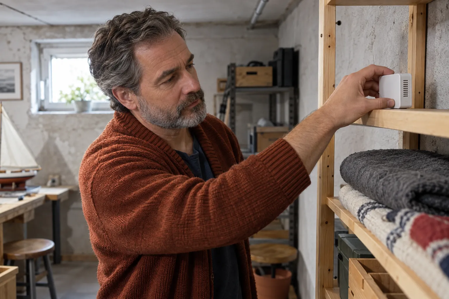Ein Mann stellt ein kleines Messgerät mit abgewandter Anzeige auf ein Holzregal.