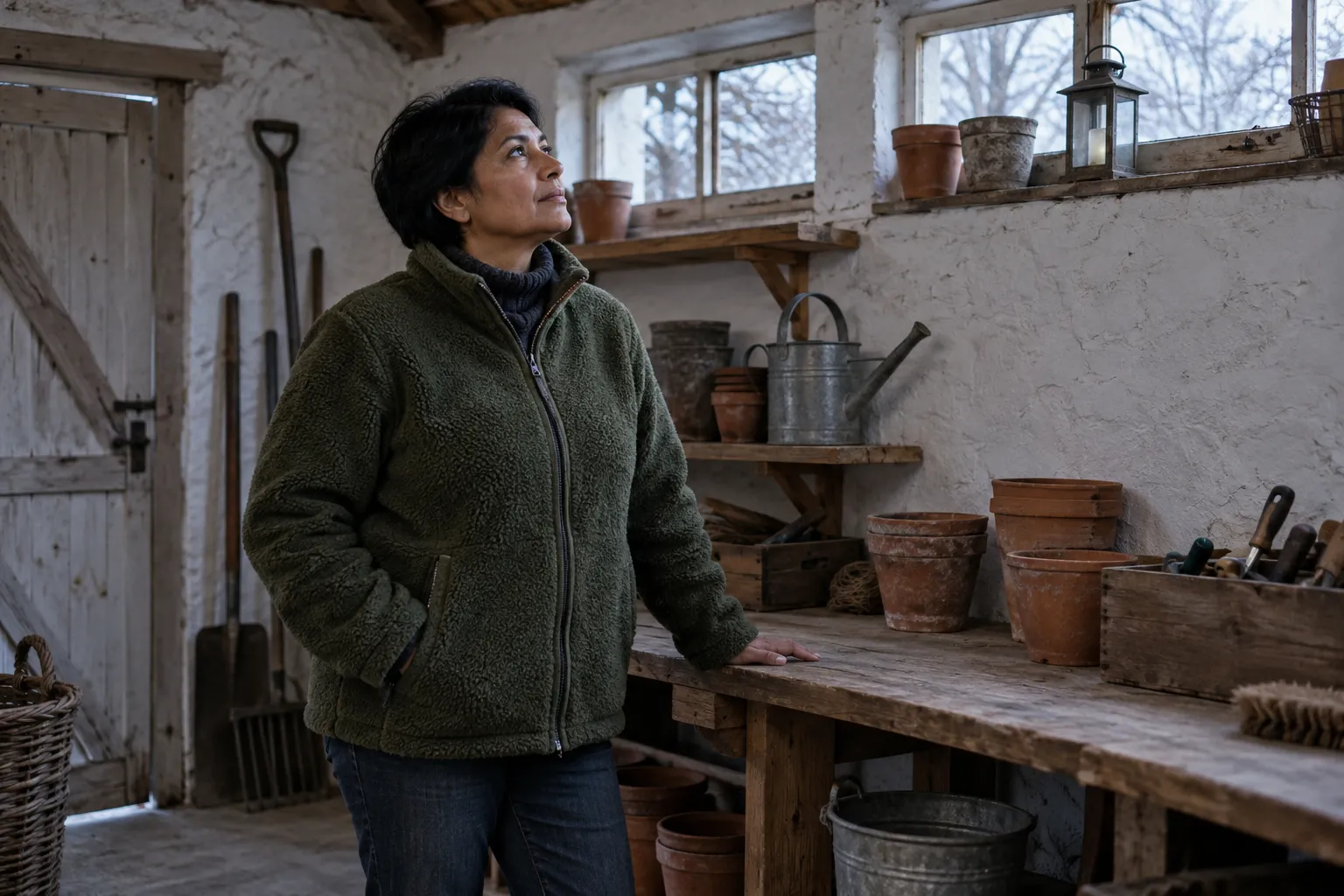 Eine Frau betrachtet Fenster und Decke eines unbeheizten Gartenarbeitsraums.