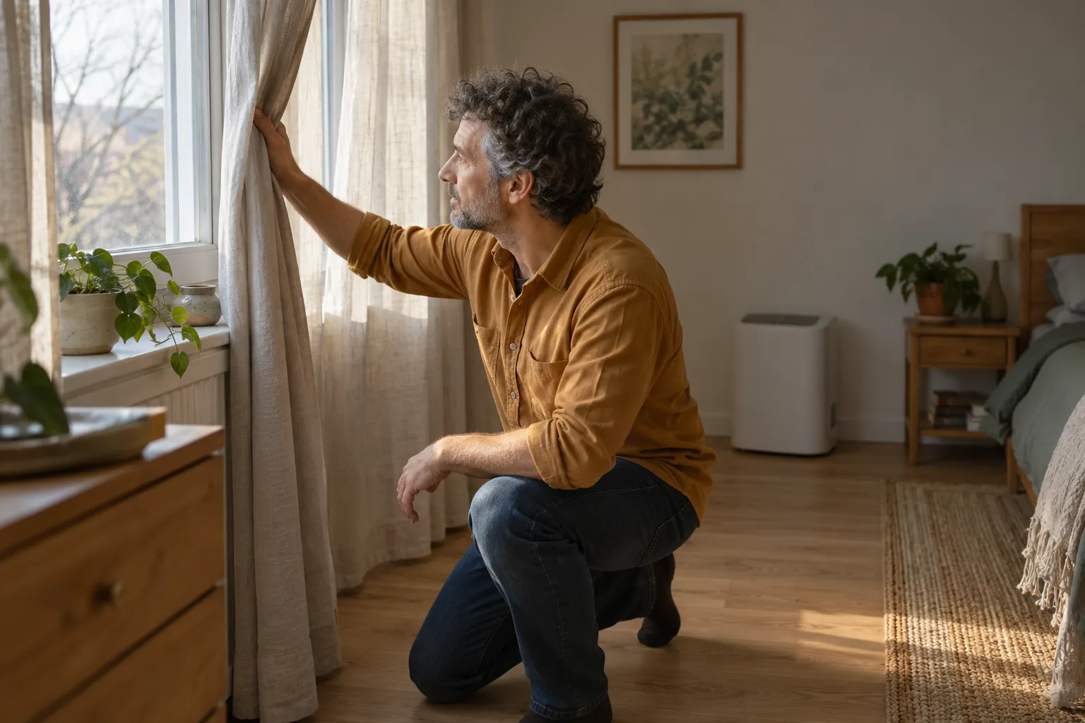 Ein Mann zieht in einem Wohnraum den Vorhang zur Seite und betrachtet das Fenster; ein Entfeuchter steht im Hintergrund.