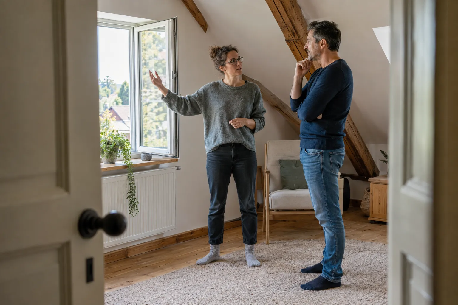 Zwei Erwachsene besprechen an einem offenen Fenster die Bedingungen eines Dachgeschossraums.
