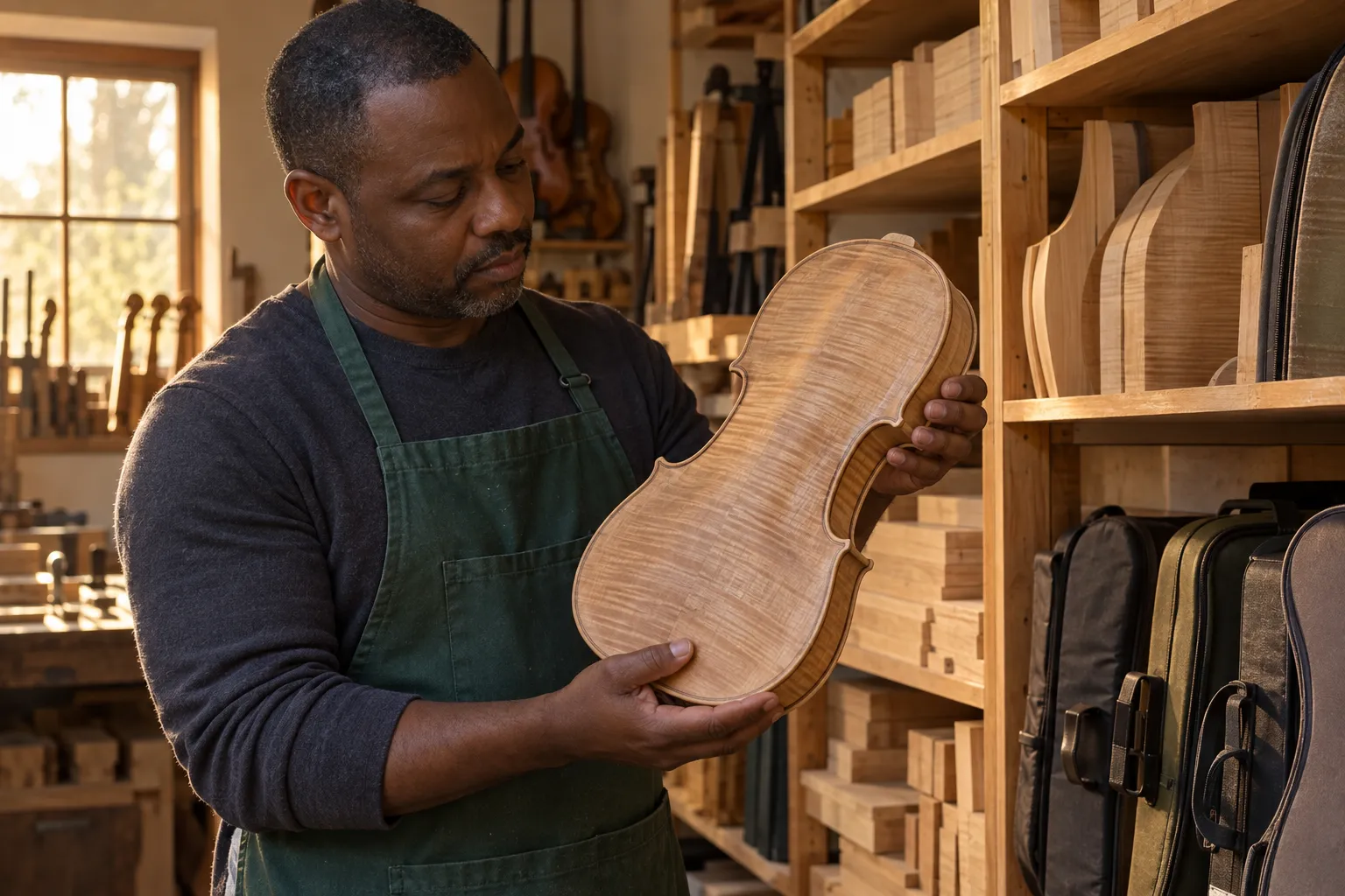 Ein Mann hält einen hölzernen Instrumentenkorpus zwischen Regalen mit Holzrohlingen.