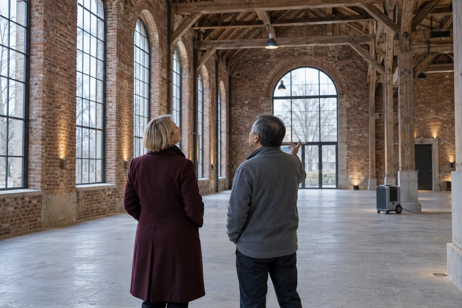Eine Gebäudeverantwortliche betrachtet mit einem Kollegen den kühlen Innenraum einer hohen Backsteinhalle.