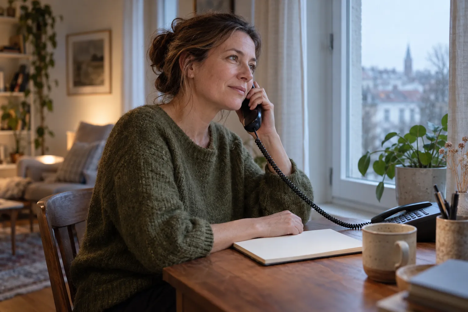 Frau im grünen Pullover hört am Telefon aufmerksam zu, neben ihr liegt ein geöffnetes Notizbuch