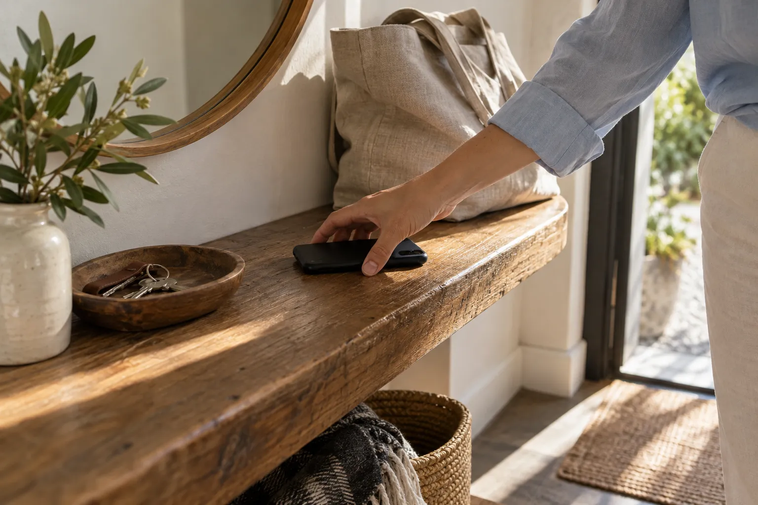 Hand greift nach einem Smartphone auf einer hölzernen Ablage im Eingangsbereich