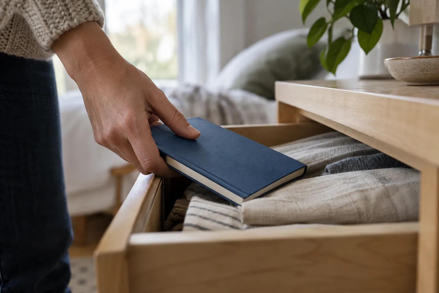 Eine Hand verstaut ein geschlossenes Notizbuch in einer Schublade.