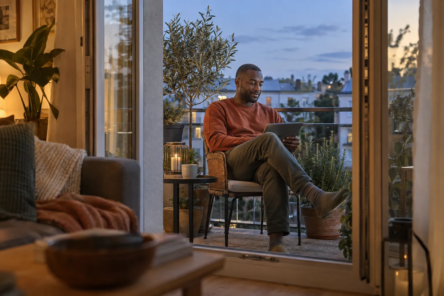 Ein Mann liest auf einem Tablet allein auf einem Balkon mit Pflanzen.