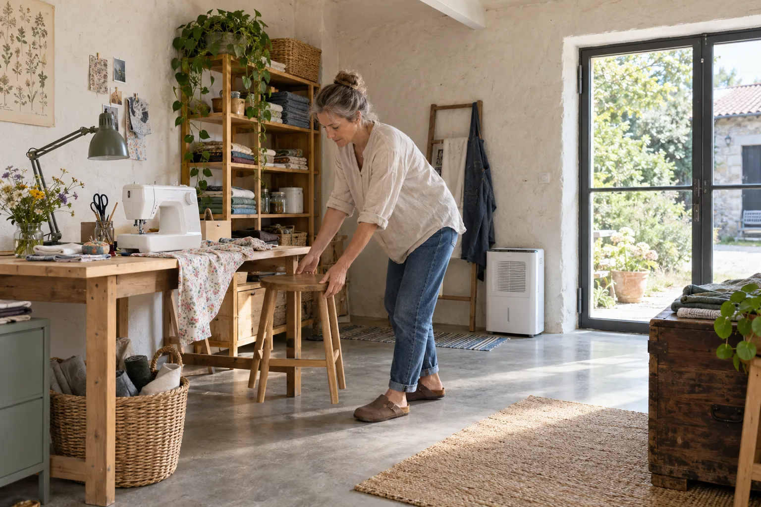 Eine Frau stellt einen Holzhocker an ihren Nähtisch in einem hellen Arbeitsraum.