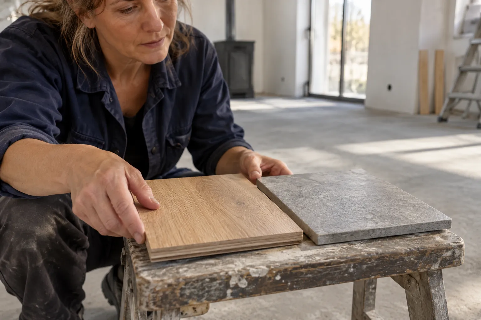 Eine Frau betrachtet lose Holz- und Steinmuster auf einem Arbeitsstuhl im Neubau.