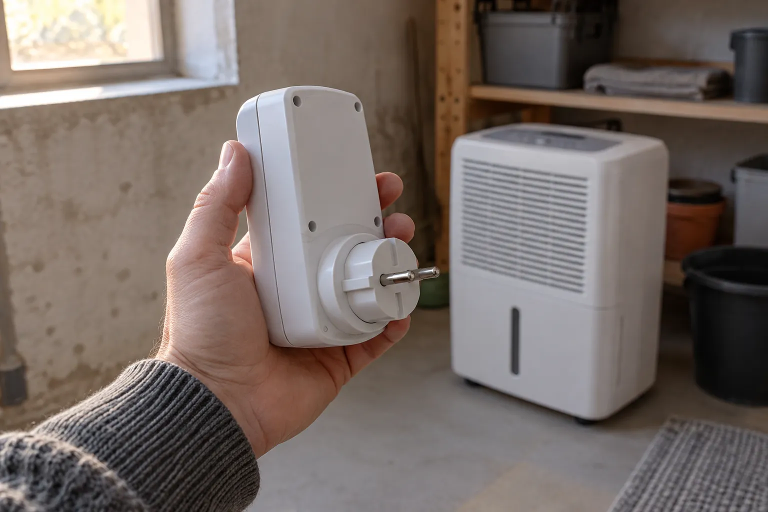 Eine Hand hält einen nicht angeschlossenen Steckdosen-Energiezähler mit abgewandter Anzeige.
