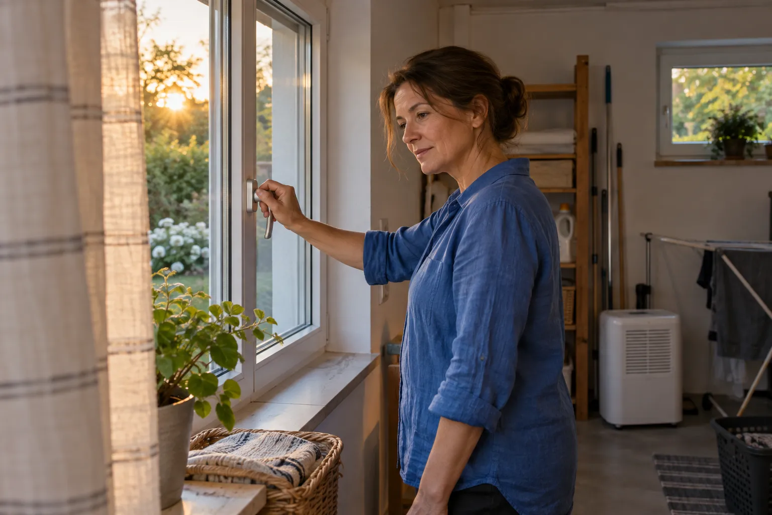 Eine Frau hält den Fenstergriff in einem Hauswirtschaftsraum mit Wäscheständer und Entfeuchter.