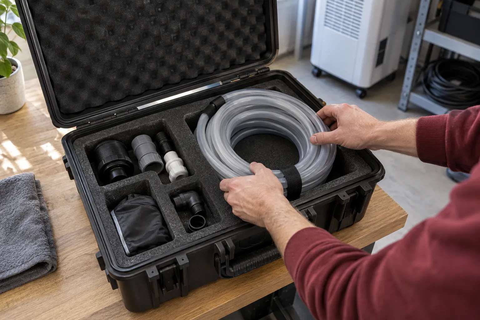 Hände legen einen aufgerollten Schlauch und neutrales Zubehör in getrennte Fächer einer Transportbox.