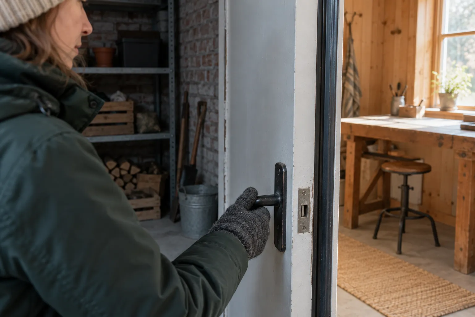 Eine Frau mit Handschuh öffnet eine Tür zwischen einem Backsteinraum und einem holzverkleideten Arbeitsraum.