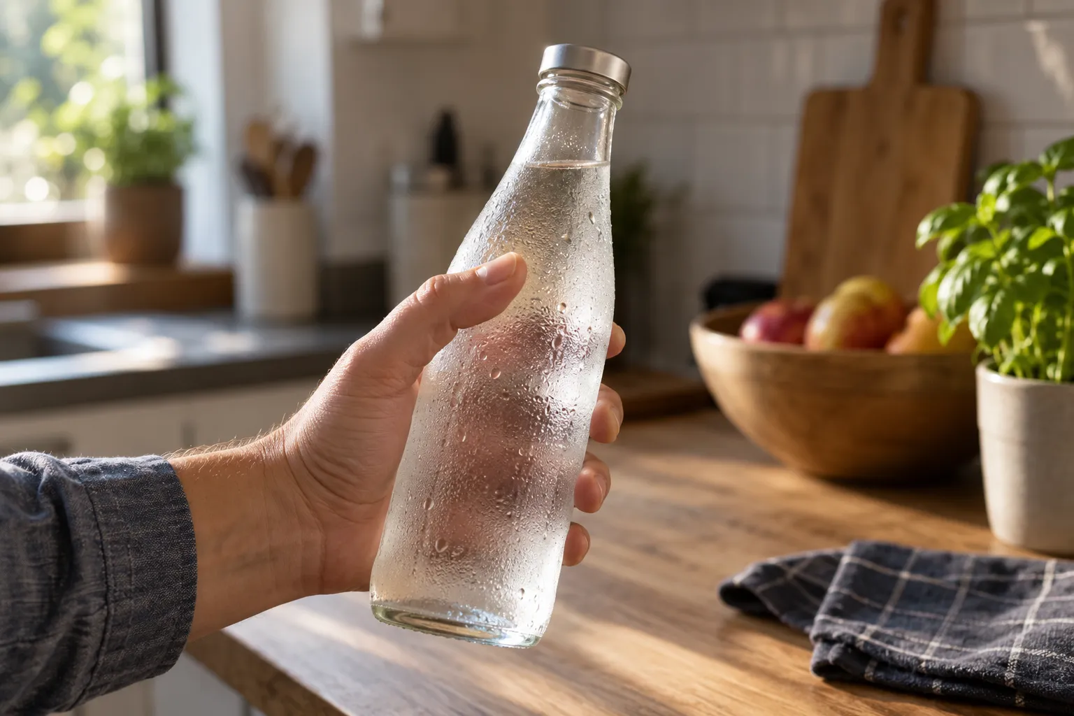 Eine Hand hält eine kühle Glasflasche mit kleinen Wassertropfen an ihrer Außenfläche.