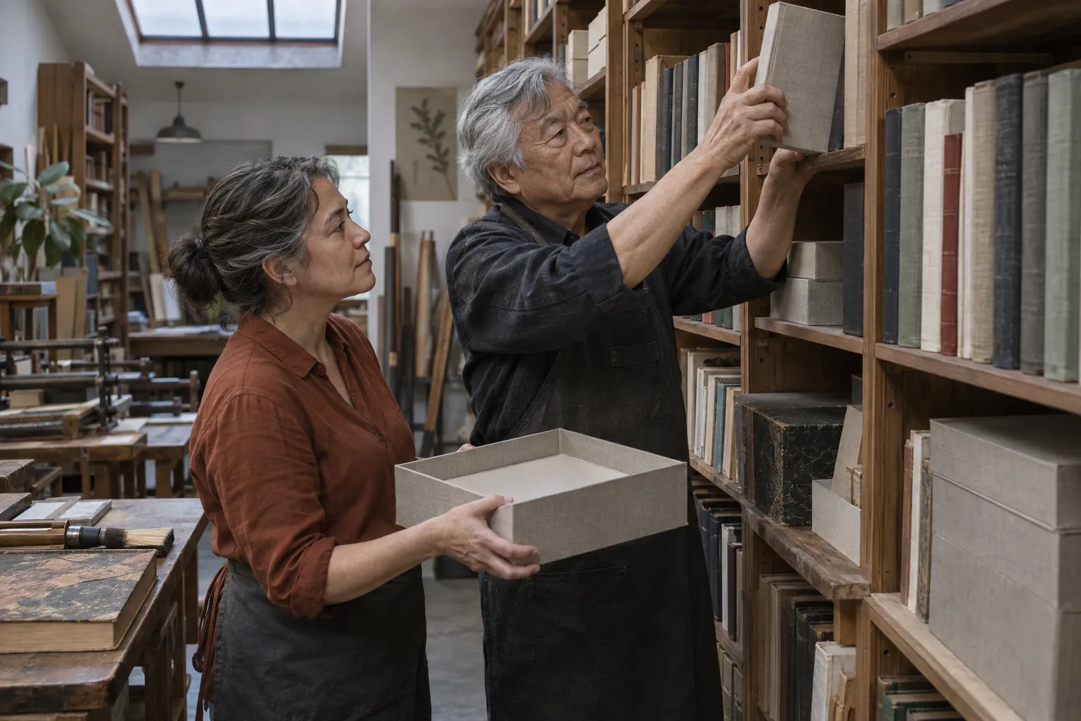 Zwei Erwachsene entnehmen ein unbeschriftetes Buch aus einem Regal mit Büchern und Archivboxen.