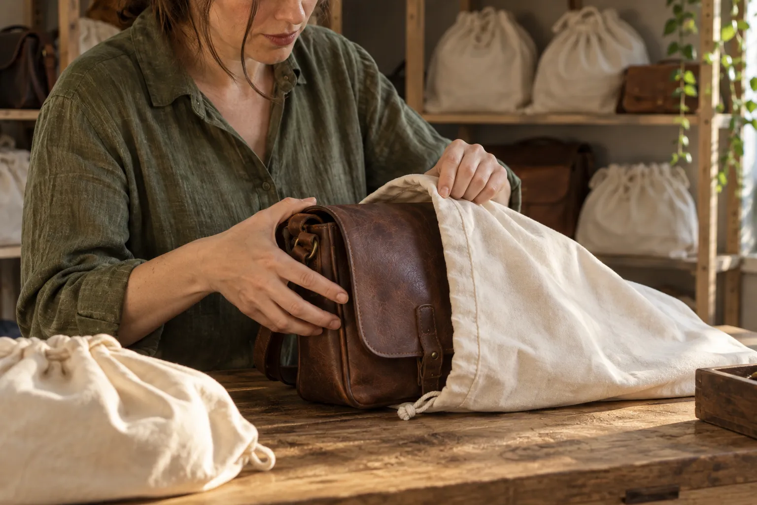 Zwei Hände ziehen eine schlichte Baumwollhülle über eine braune Ledertasche auf einer Packfläche.